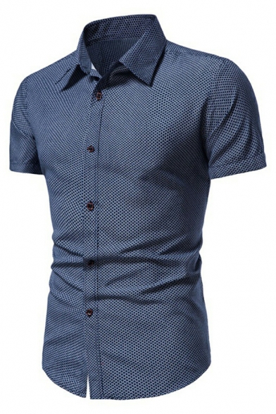 Casual Shirt Checked Printed Turn-down Collar Short-Sleeved Slim Button Up Shirt for Men