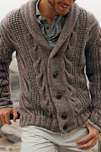 Mens Cool Cardigan Solid Cable Knit Shawl Collar Long Sleeves Relaxed Button-up Cardigan