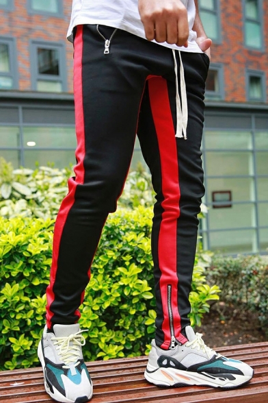 Mens Sport Lounge Trousers Color-block Stripes Zip Pocket Drawstring Trousers