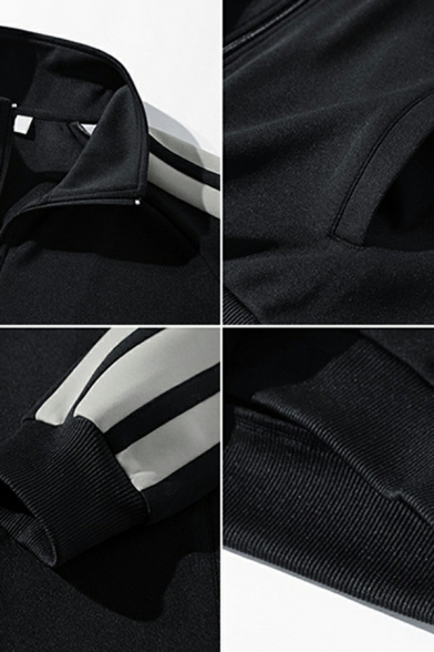 Modern Guys Jacket Striped Printed Baggy Pocket Long Sleeve Stand Neck Zip Closure Jacket
