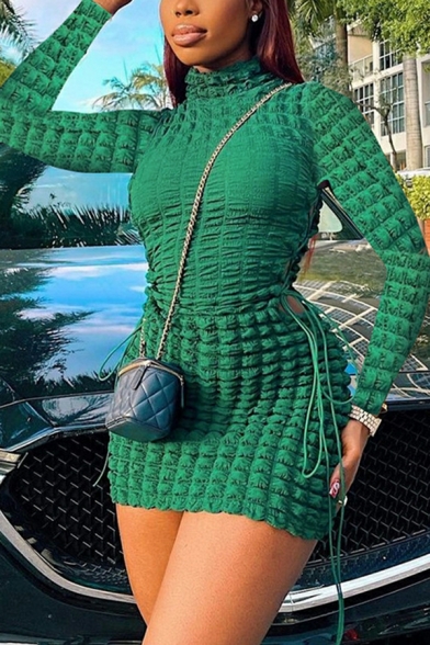 Sexy Hollow Lace-up Short Dress High Neck Long Sleeve Bodycon Dress