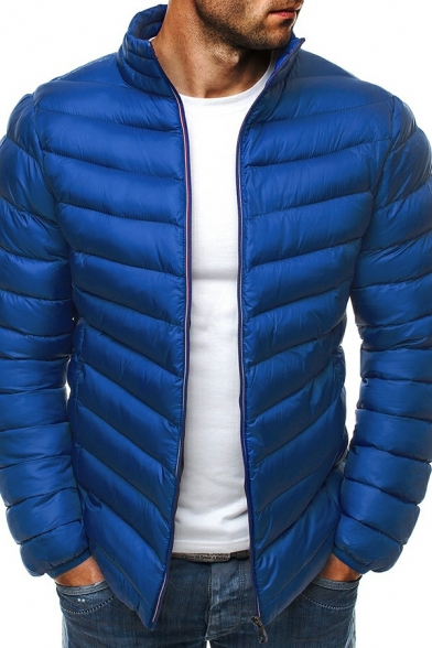 Sporty Down Coat Solid Color Stand Collar Full-Zip Down Coat for Men
