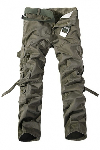 Trendy Men's Cargo Pants Causal Straight-leg Crinkle Patch Side Pockets Cargo Trousers