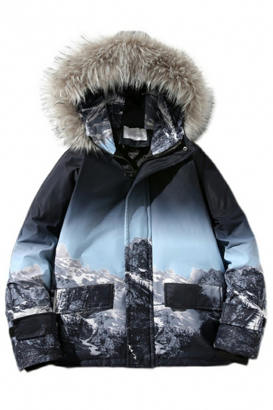 Trendy Parka Coat Mountain Print Hooded Long Sleeve Baggy Zip Placket Parka Coat for Guys