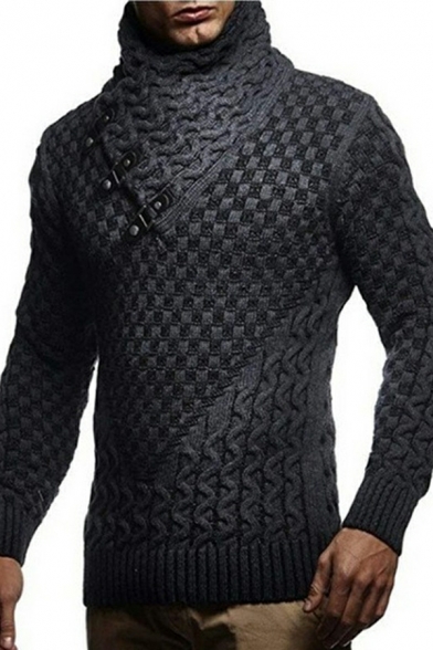Vintage Sweater Plain High Neck Long-sleeved Ribbed Hem Skinny Sweater for Boys