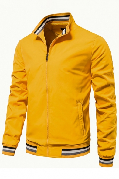 Boy's Cozy Jacket Contrast Stripe Pocket Spread Collar Long Sleeves Slim Zip Fly Jacket