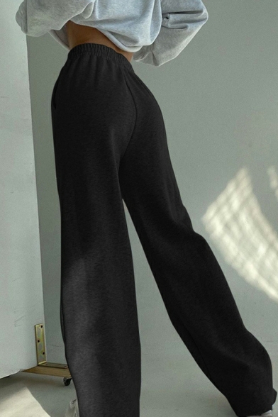 Leisure Women Pants Whole Colored Drawstring Waist Full Length High Rise Wide Leg Pants