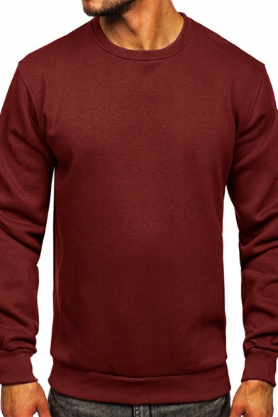 Men Stylish Sweatshirt Solid Color Round Neck Ribbed Trim Sweatshirt