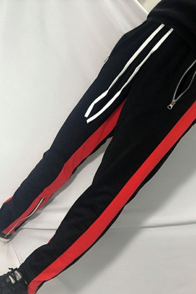 Mens Sport Lounge Trousers Color-block Stripes Zip Pocket Drawstring Trousers