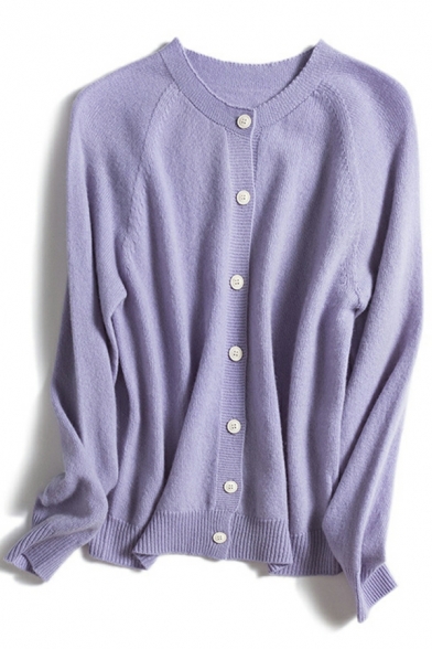 Vintage Women Cardian Whole Colored Long Sleeve Round Neck Ribbed Hem Button-up Cardian