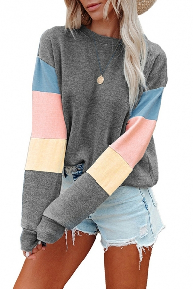 Women Edgy Sweatshirt Contrast Color Round Collar Long Sleeves Regular Fitted Sweatshirt