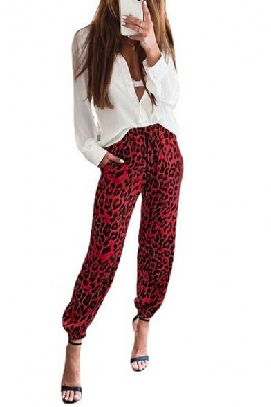 Women Modern Pants Leopard Patterned Elastic Waist Banded Cuffs Pants