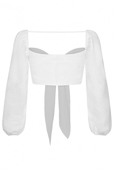 Women Trendy Shirt Pure Color Straps Collar Lantern Long-Sleeved Cropped Shirt
