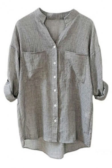 Cozy Women Shirt Solid Chest Pocket V-neck Long-Sleeved Regular Button Placket Shirt