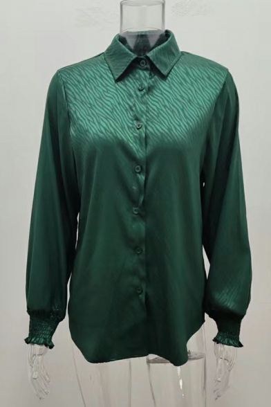 Girls Street Look Shirt Plain Long Sleeve Lantern Turn-down Collar Button Fly Shirt