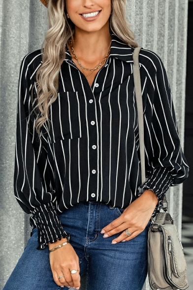Women Vintage Shirt Striped Pattern Point Collar Button down Long Sleeves Shirt