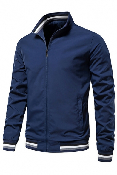 Boy's Cozy Jacket Contrast Stripe Pocket Spread Collar Long Sleeves Slim Zip Fly Jacket