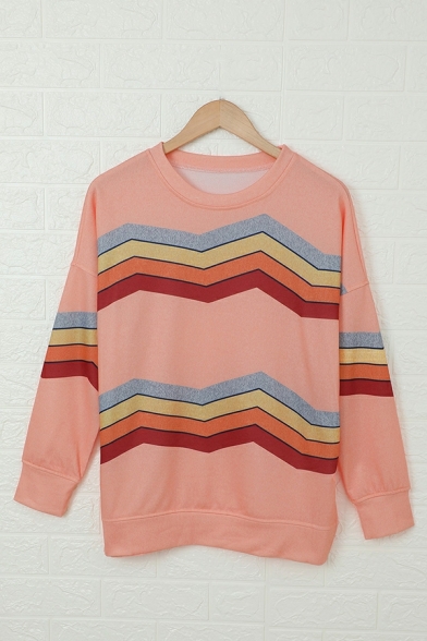 Casual Girls Sweatshirt Stripe Pattern Long Sleeve Fitted Round Collar Pullover Sweatshirt