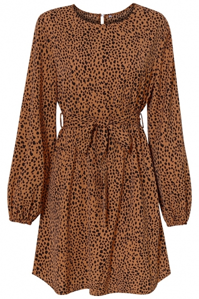 Chic Women's Dress Leopard Pattern Belt Detail Long Sleeves Crew Collar Mini A-Line Dress