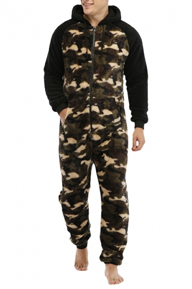 Leisure Jumpsuits Camo Print Hooded Brushed Full Zip Long Sleeve Maxi Jumpsuits for Men
