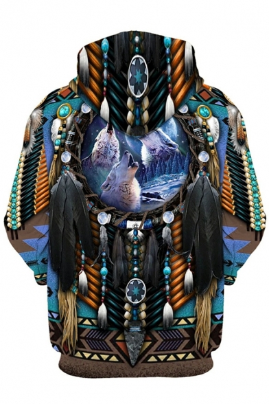 Men Creative Hoodie 3D Tribal Pattern Drawcord Full Zipper Front Pocket Rib Cuffs Hoodie