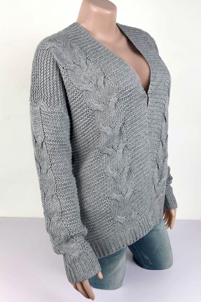 Popular Ladies Cardian Whole Colored Cable Knit Long Sleeves V Neck Open Front Cardian