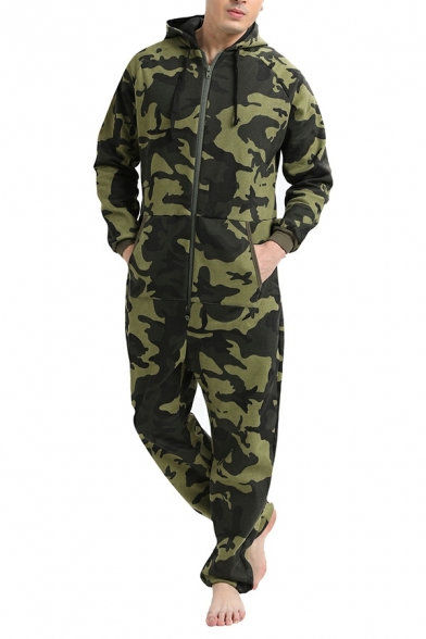 Simple Jumpsuits Camo Printed Hooded Brushed Full Zip Long Sleeves Maxi Jumpsuits for Men