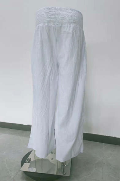 Women Dashing Pants Plain Elastic Waist High-Rise Shirred Wide Leg Pants