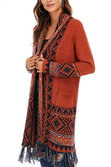 Cool Cardigan Tribal Pattern Shawl Collar Open Front Tassel Detailed Cardigan for Women