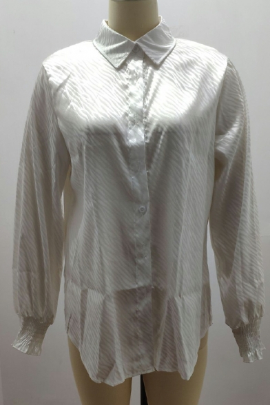 Girls Street Look Shirt Plain Long Sleeve Lantern Turn-down Collar Button Fly Shirt