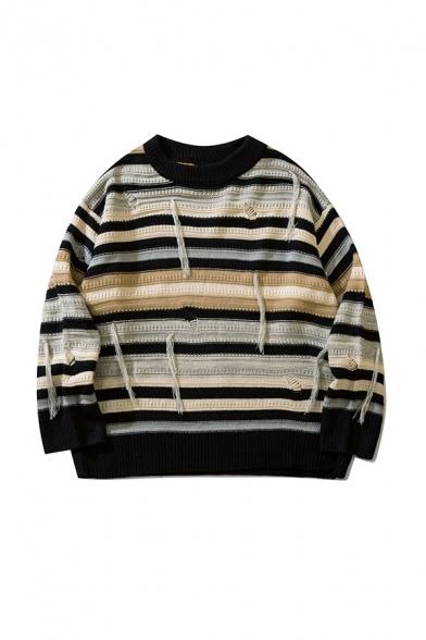 Japanese Casual Striped Sweater Men's Round Neck Tassel Knitted Sweater