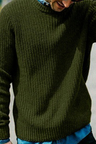 Sporty Sweater Solid Color Round Neck Ribbed Trim Sweater for Men