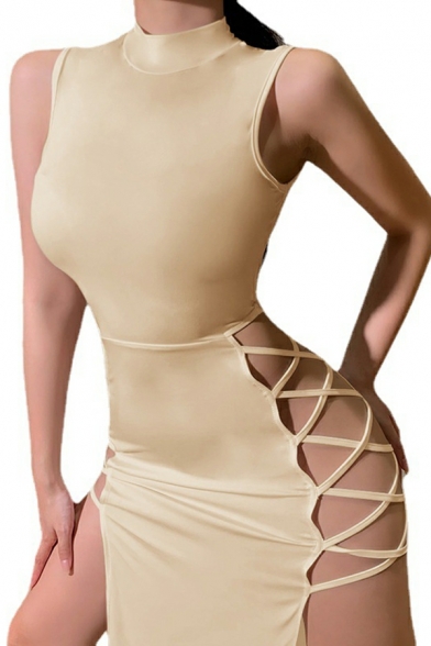 Trendy Bodycon Dress Plain Half-Height Collar Sleeveless Hollow out Maxi Dress for Women