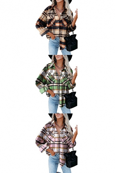 Urban Women Jacket Plaid Printed Spread Collar Long Sleeves Chest Pocket Button Fly Jacket
