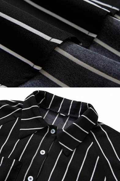 Women Vintage Shirt Striped Pattern Point Collar Button down Long Sleeves Shirt