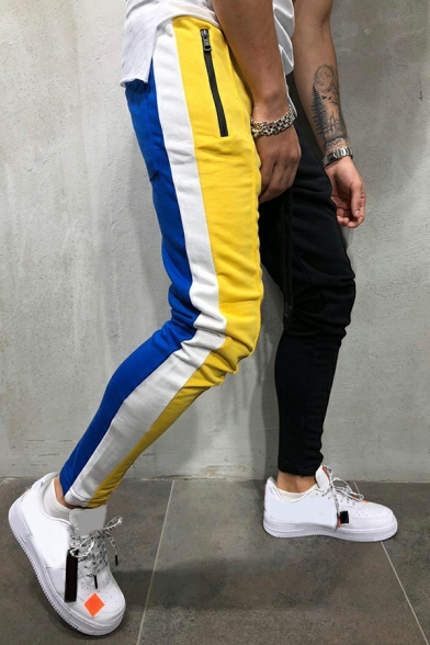 Casual Drawstring Trousers Men Hip Hop Colorblock Slim Mid-rise Sweatpants