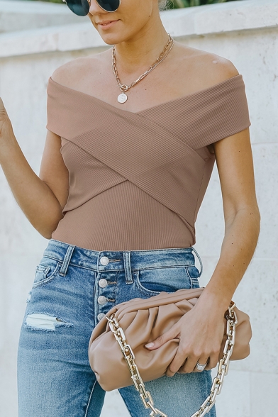 Cool T-Shirt Solid Color Off The Shoulder Cap Sleeve T-Shirt for Women