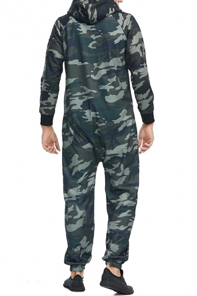Elegant Men Jumpsuits Plain Drawstring Hooded Long Sleeve Zip Placket Pocket Jumpsuits