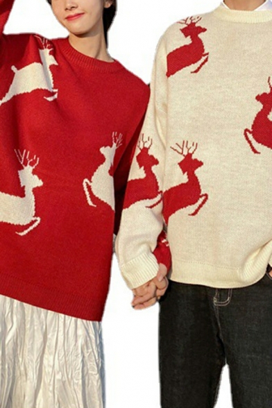 Elk Pattern Sweater Men's Round Neck Christmas Red Couples Sweater