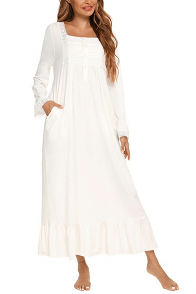 Long Sleeve Nightdress White Cotton Square Neck Loose Maxi Dress