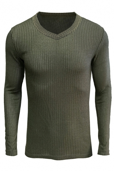 Modern Sweater Solid Color V-Neck Ribbed Trim Sweater for Men
