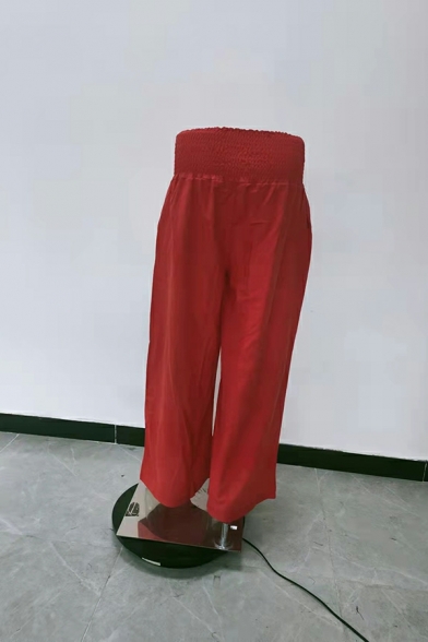 Women Dashing Pants Plain Elastic Waist High-Rise Shirred Wide Leg Pants