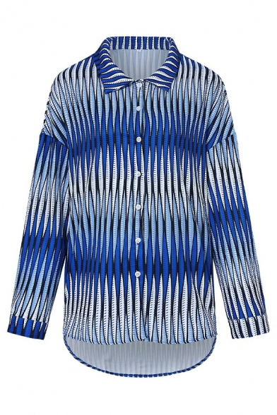 Women Edgy Shirt Stripe Printed Spread Collar Button Closure Long-Sleeved Shirt