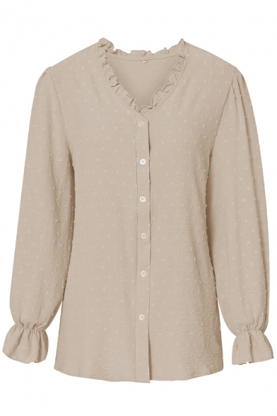 Women Simple Shirt Plain V-Neck Button Closure Flounce Long Sleeve Shirt