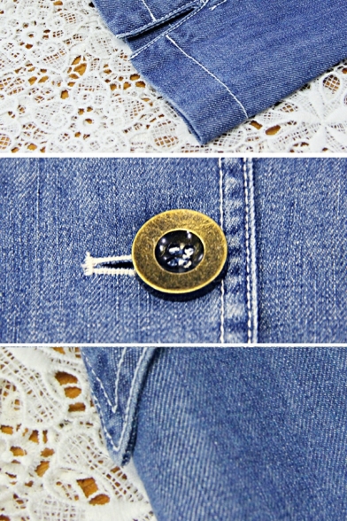 Women Street Look Denim Jacket Plain Lapel Collar Flap Pocket Single Button Denim Jacket