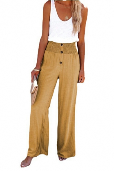 Women Street Style Pants Plain Elastic Waist High-Rise Shirred Wide Leg Pants