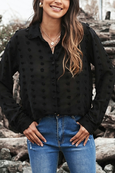 Women Trendy Shirt Solid Color Turn-down Collar Button up Long Sleeves Shirt