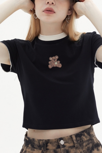 Chic Cropped T-Shirt Bear Patterned Round Neck Short Sleeves T-Shirt for Women
