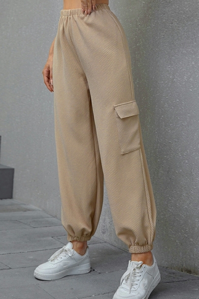 Creative Ladies Pants Solid Color Flap Pocket Loose Long Length High Elastic Waist Pants