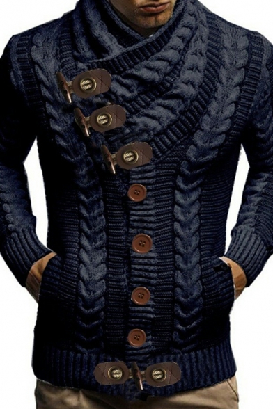 Mens Fashion Cardigan Solid Color Long Sleeves Shawl Collar Slimming Button Fly Cardigan